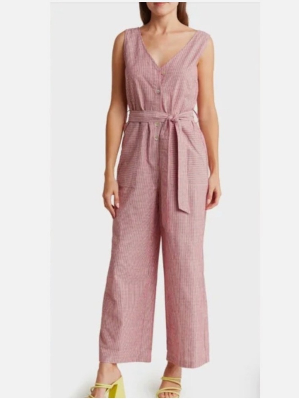Frnch Laurena wide leg  Striped Belted jumpsuit Size Medium NWOT  Pink blue
